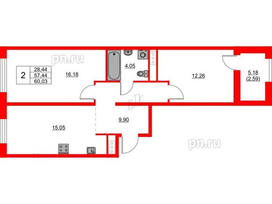 Квартира в ЖК Glorax Балтийская, 2 комнатная, 60.03 м², 9 этаж