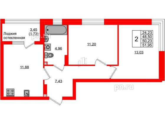 Квартира в ЖК «Консул», 2 комнатная, 50.23 м², 2 этаж