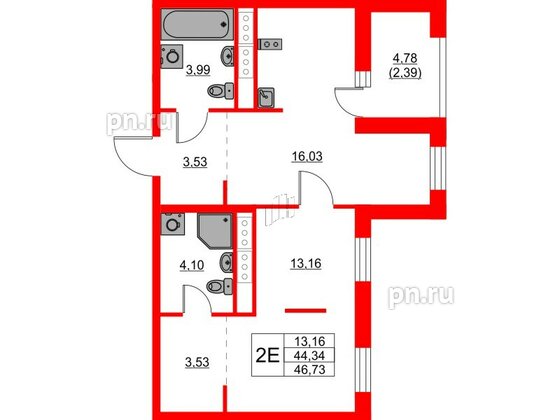 Квартира в ЖК Glorax Балтийская, 1 комнатная, 46.73 м², 8 этаж