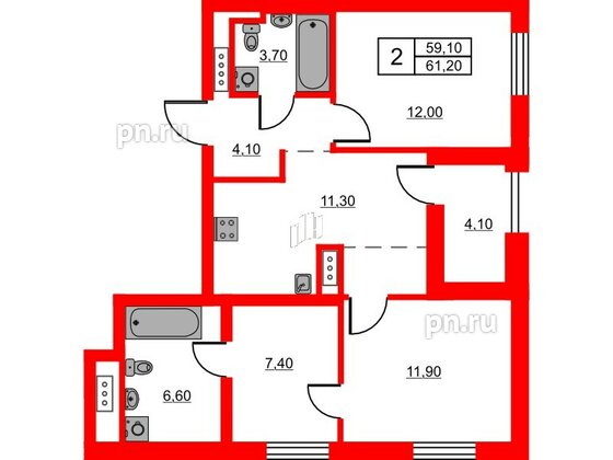 Квартира в ЖК Glorax Балтийская, 2 комнатная, 61.2 м², 9 этаж