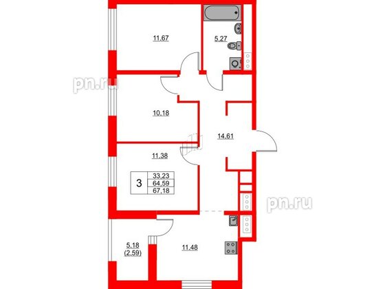 Квартира в ЖК Glorax Балтийская, 3 комнатная, 67.18 м², 9 этаж