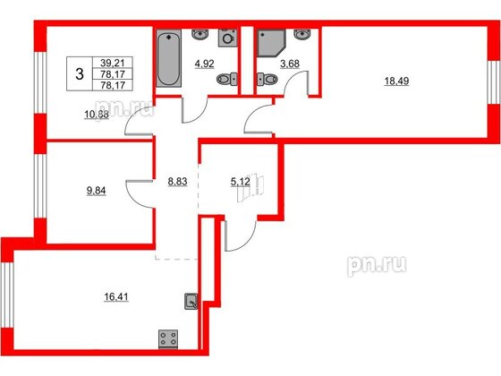 Квартира в ЖК Glorax Балтийская, 3 комнатная, 78.17 м², 2 этаж