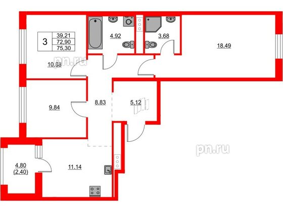 Квартира в ЖК Glorax Балтийская, 3 комнатная, 75.47 м², 9 этаж