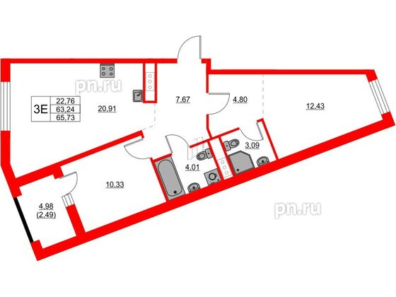 Квартира в ЖК Glorax Балтийская, 2 комнатная, 65.73 м², 9 этаж