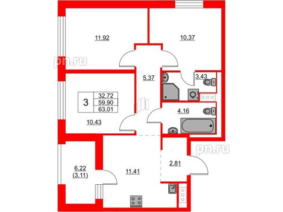 Квартира в ЖК Glorax Балтийская, 3 комнатная, 63.01 м², 9 этаж