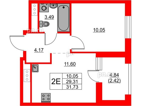 Квартира в ЖК Glorax Балтийская, 1 комнатная, 31.89 м², 9 этаж