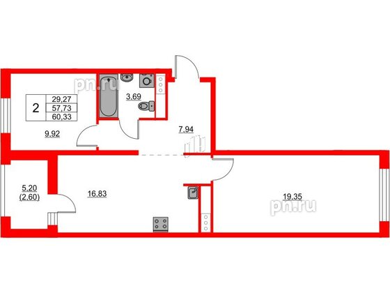 Квартира в ЖК Glorax Балтийская, 2 комнатная, 60.32 м², 9 этаж