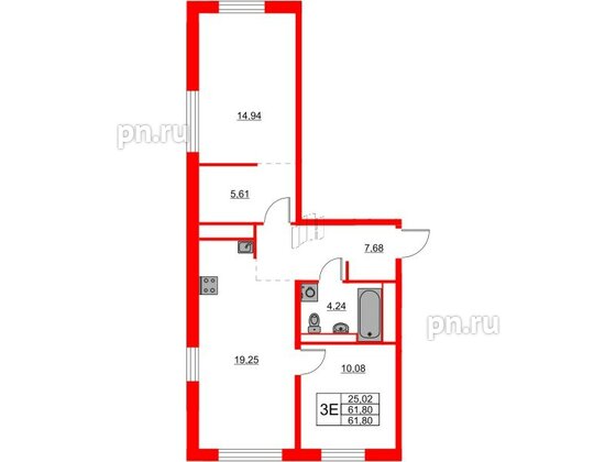 Квартира в ЖК Glorax Балтийская, 2 комнатная, 61.8 м², 2 этаж