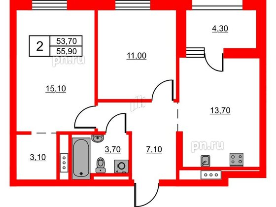 Квартира в ЖК Glorax Балтийская, 2 комнатная, 55.9 м², 8 этаж