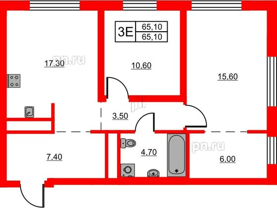 Квартира в ЖК Glorax Балтийская, 2 комнатная, 65.1 м², 2 этаж