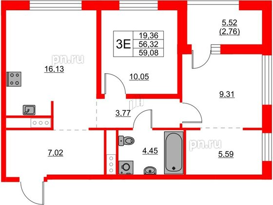 Квартира в ЖК Glorax Балтийская, 2 комнатная, 59.08 м², 7 этаж