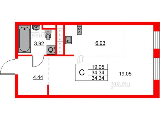 Квартира в ЖК Glorax Балтийская, студия, 34.34 м², 3 этаж