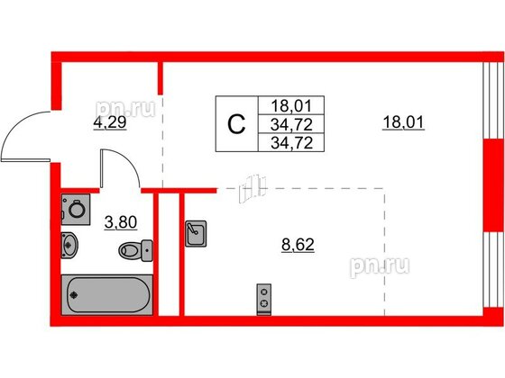 Квартира в ЖК Glorax Балтийская, студия, 34.72 м², 2 этаж