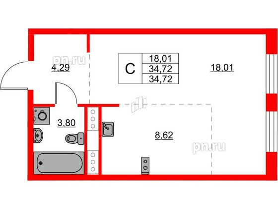 Квартира в ЖК Glorax Балтийская, студия, 34.72 м², 3 этаж