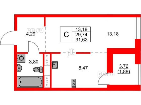 Квартира в ЖК Glorax Балтийская, студия, 31.62 м², 6 этаж