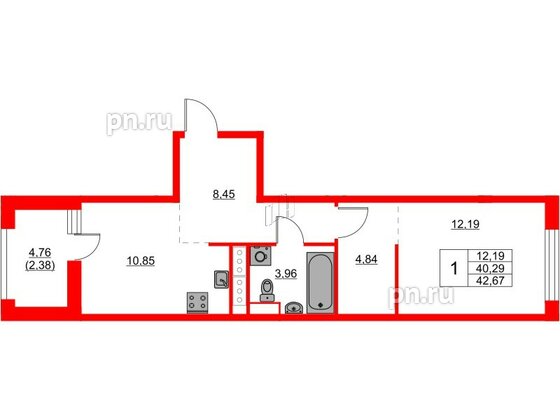 Квартира в ЖК Glorax Балтийская, 1 комнатная, 42.67 м², 7 этаж