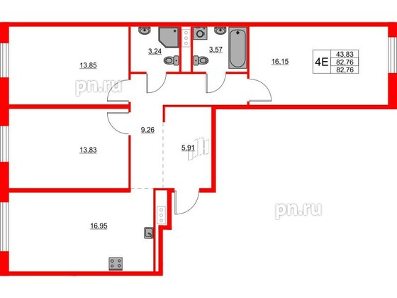 Квартира в ЖК Glorax Балтийская, 3 комнатная, 82.76 м², 4 этаж