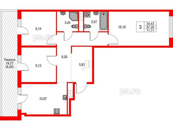 Квартира в ЖК Glorax Балтийская, 3 комнатная, 71.71 м², 8 этаж