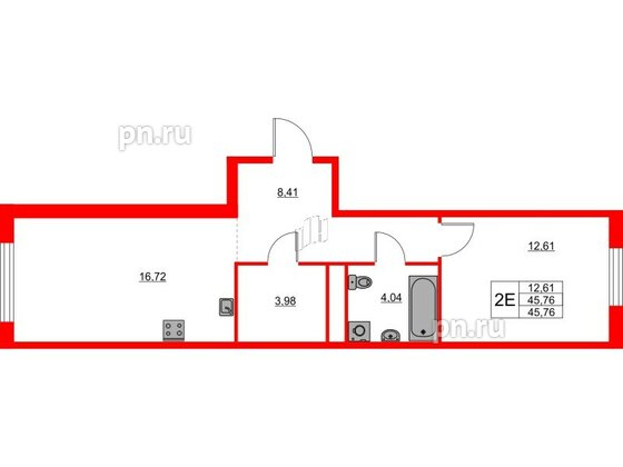 Квартира в ЖК Glorax Балтийская, 1 комнатная, 45.76 м², 2 этаж