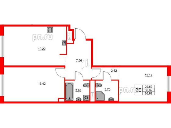 Квартира в ЖК Glorax Балтийская, 2 комнатная, 66.62 м², 4 этаж