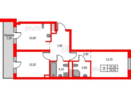 Квартира в ЖК Glorax Балтийская, 2 комнатная, 59.6 м², 8 этаж