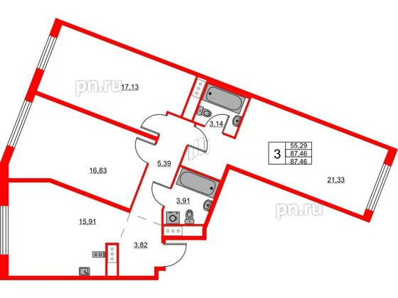 Квартира в ЖК Glorax Балтийская, 3 комнатная, 87.46 м², 5 этаж