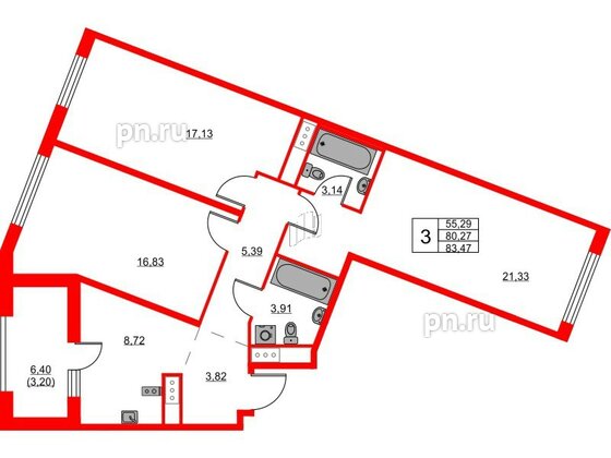 Квартира в ЖК Glorax Балтийская, 3 комнатная, 83.47 м², 7 этаж