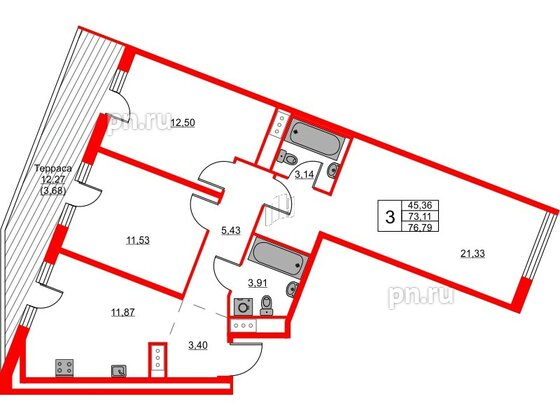 Квартира в ЖК Glorax Балтийская, 3 комнатная, 76.79 м², 8 этаж