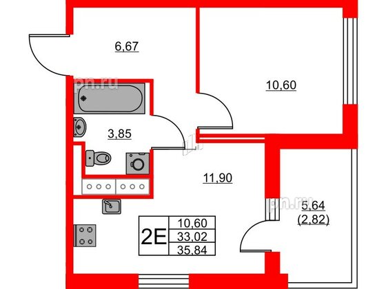 Квартира в ЖК Glorax Балтийская, 1 комнатная, 35.84 м², 8 этаж