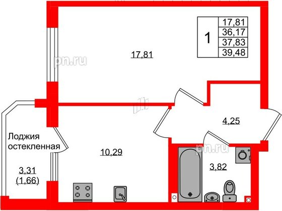 Квартира в ЖК «Консул», 1 комнатная, 37.83 м², 2 этаж