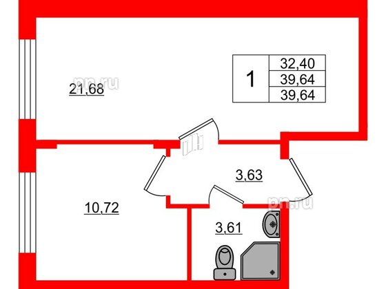 Квартира в ЖК Верево Сити, 1 комнатная, 39.64 м², 1 этаж