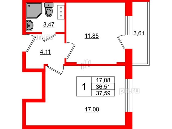 Квартира в ЖК Верево Сити, 1 комнатная, 37.59 м², 4 этаж