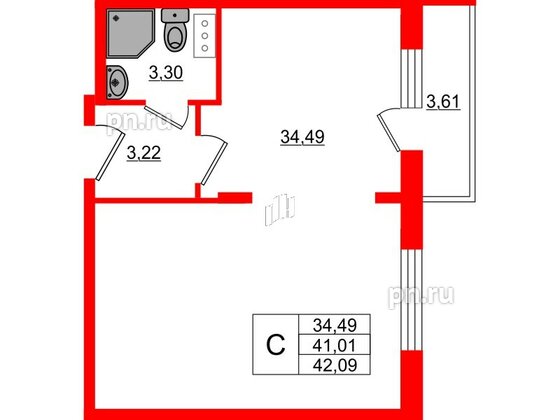 Квартира в ЖК Верево Сити, студия, 42.09 м², 2 этаж