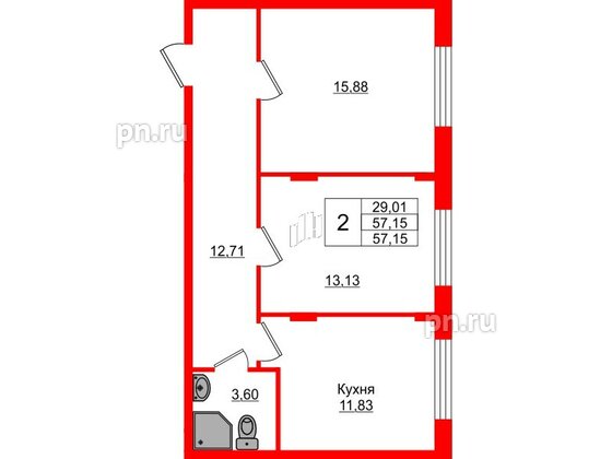 Квартира в ЖК Верево Сити, 2 комнатная, 57.15 м², 1 этаж