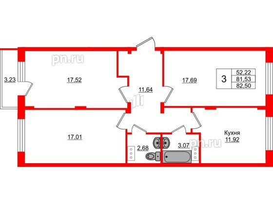 Квартира в ЖК Верево Сити, 3 комнатная, 81.11 м², 2 этаж