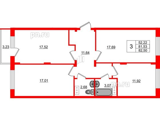 Квартира в ЖК Верево Сити, 3 комнатная, 81.11 м², 4 этаж