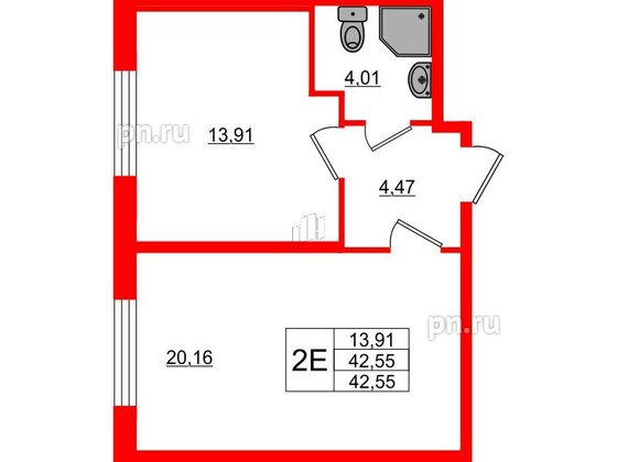 Квартира в ЖК Верево Сити, 1 комнатная, 42.55 м², 1 этаж