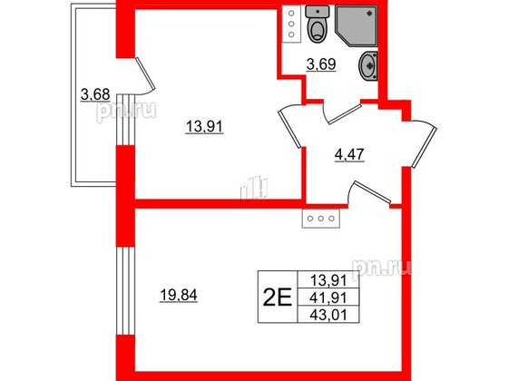 Квартира в ЖК Верево Сити, 1 комнатная, 43.01 м², 3 этаж