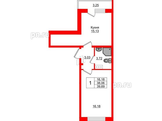 Квартира в ЖК Верево Сити, 1 комнатная, 39.69 м², 2 этаж