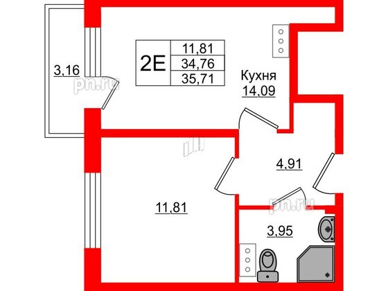 Квартира в ЖК Верево Сити, 1 комнатная, 35.71 м², 4 этаж