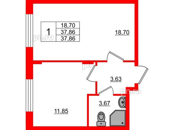 Квартира в ЖК Верево Сити, 1 комнатная, 37.86 м², 1 этаж