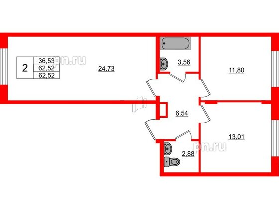 Квартира в ЖК Верево Сити, 2 комнатная, 62.52 м², 2 этаж