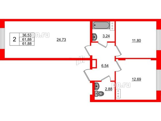 Квартира в ЖК Верево Сити, 2 комнатная, 61.88 м², 3 этаж