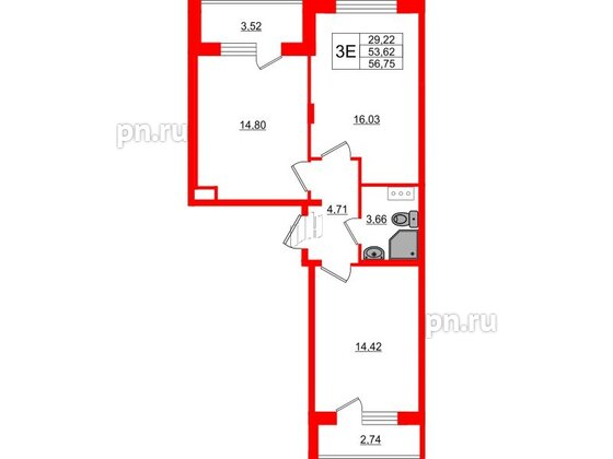 Квартира в ЖК Верево Сити, 2 комнатная, 56.75 м², 3 этаж