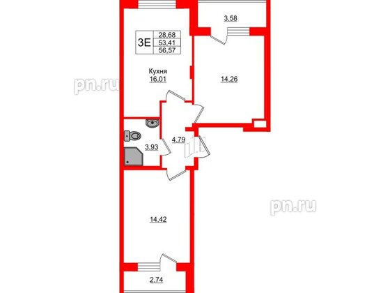 Квартира в ЖК Верево Сити, 2 комнатная, 56.57 м², 2 этаж