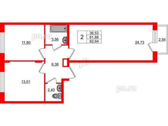 Квартира в ЖК Верево Сити, 2 комнатная, 62.64 м², 2 этаж