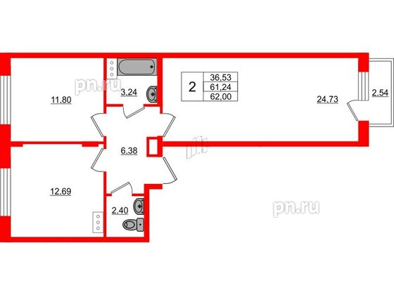 Квартира в ЖК Верево Сити, 2 комнатная, 62 м², 3 этаж