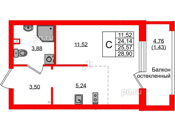 Квартира в ЖК «Консул», студия, 25.57 м², 1 этаж