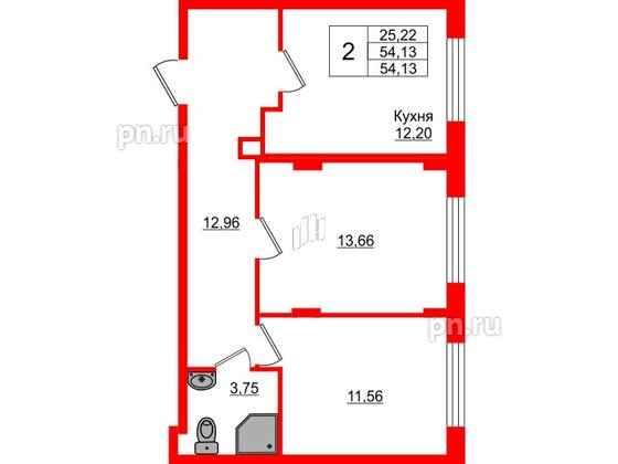 Квартира в ЖК Верево Сити, 2 комнатная, 54.13 м², 1 этаж