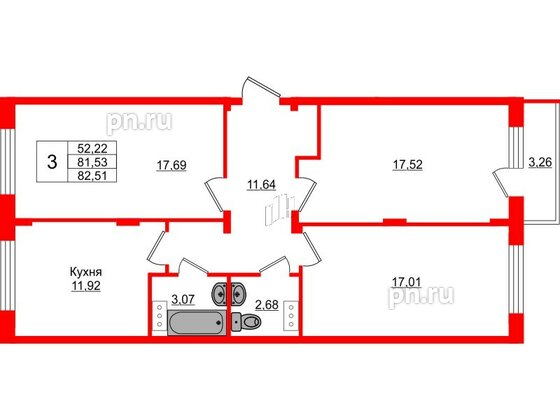 Квартира в ЖК Верево Сити, 3 комнатная, 81.12 м², 2 этаж